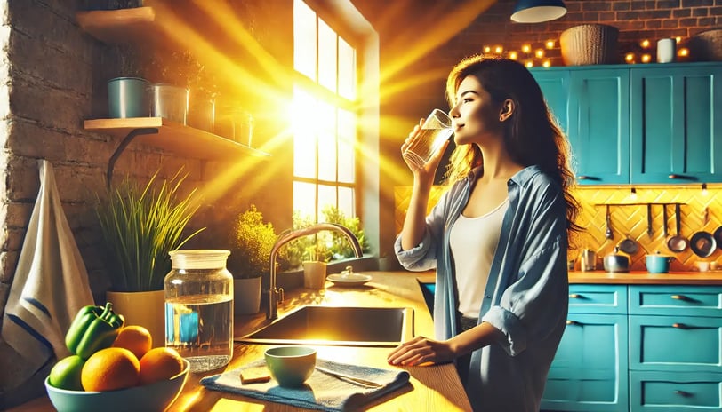 Mulher Bebendo Copo de Água pela Manhã na Cozinha