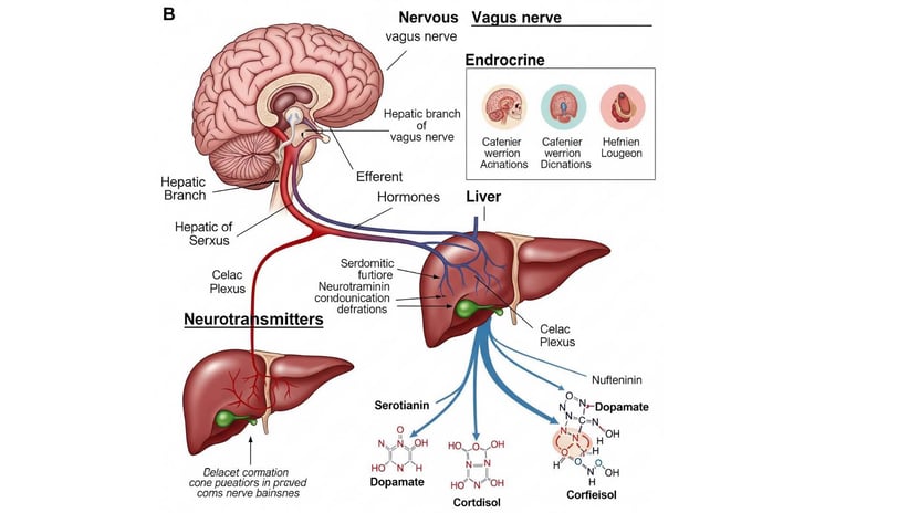 "Diagrama médico da conexão neurológica entre fígado e cérebro"