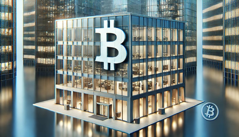 Glazen kantoorgebouw met groot Bitcoin-logo, omringd door moderne stedelijke architectuur
