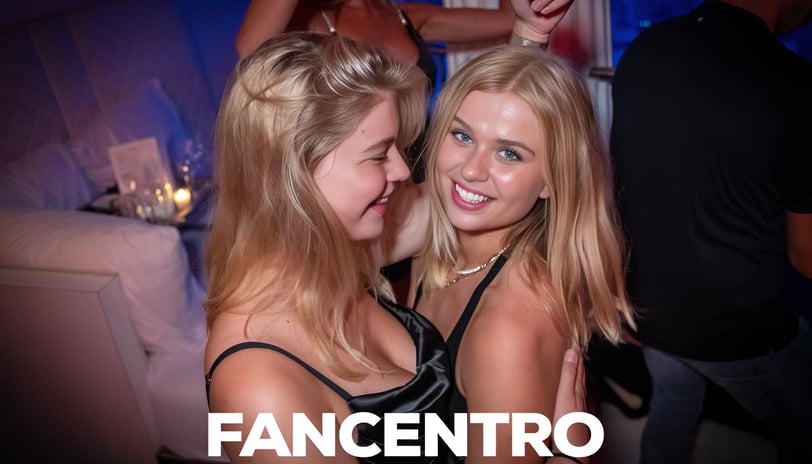 Two blonde adult entertainment influencers  with blue eyes smiling because they became wealthy 