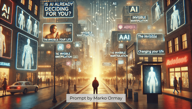 AI-driven cityscape with glowing billboards influencing behavior, symbolizing digital manipulation. Prompt by Marko Ormay