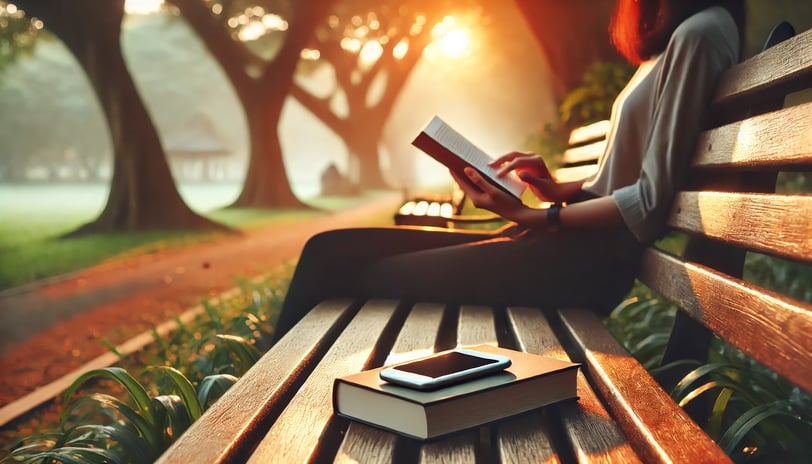 A person sitting on a park bench at sunrise, holding a book. Phone is left untouched.