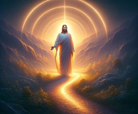 Jesus standing on a path, radiating a warm, illuminating light