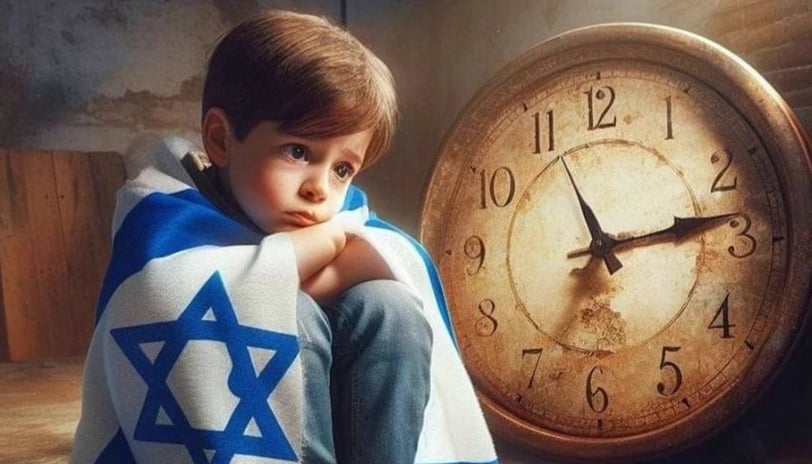 A sad Jewish boy sitting next to a clock