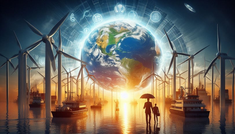 a man and woman standing in front of a globe map
