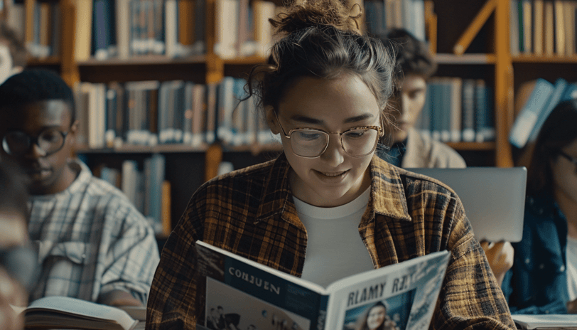 a woman is reading a book in a library