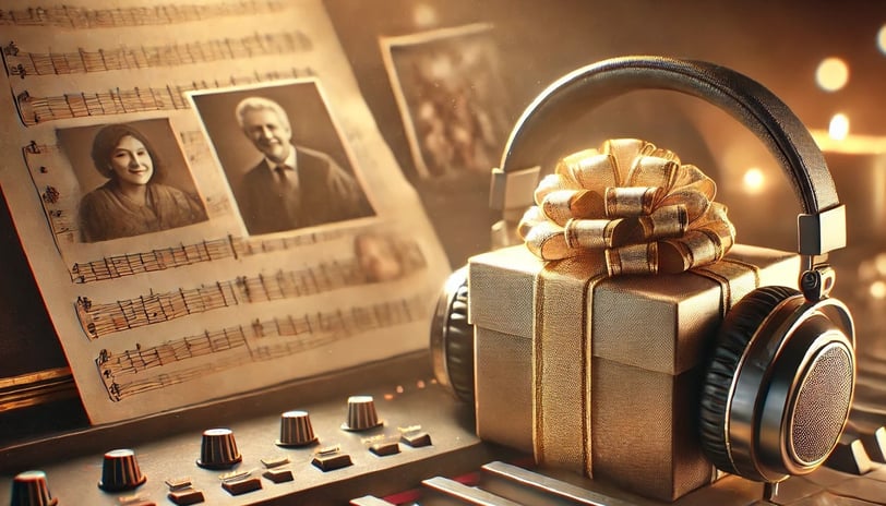 Una caja de regalo con unos auriculares puestos encima de un piano frente a una partitura
