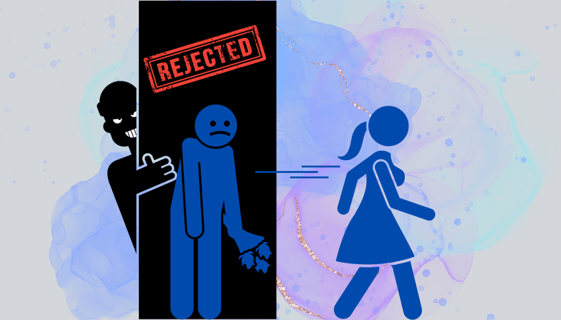 A cartoon of a woman rejecting a man with flowers and his true personality emerging