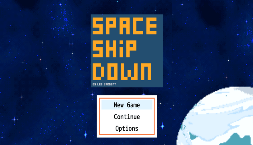 The title screen for the game Spaceship Down showing the logo, menu and a space background