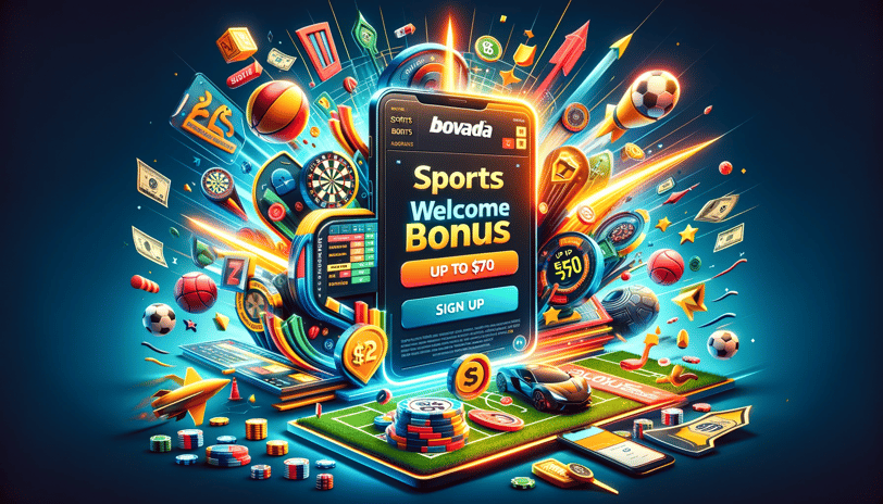 Promotional image for Bovada sports betting, featuring a vibrant and modern design with symbols of v