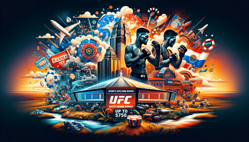 UFC 297 blog image featuring Kansas landmarks and Bovada's $750 bonus