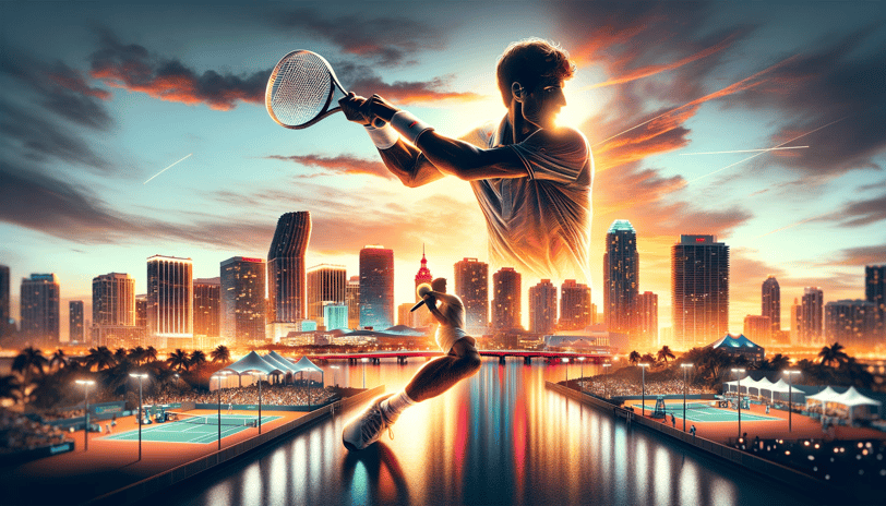 Tennis player in action at Miami Open with Miami skyline at sunset.