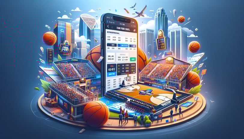  NCAA Men's Final Four 2024 blog, showcasing a basketball court, excited fans, Phoenix skyline