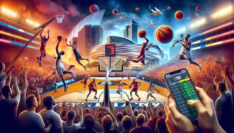 NCAA Men's Final Four 2024 action with players on the court, a lively crowd, and Phoenix skyline