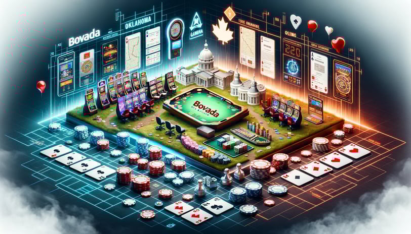 Visual guide for Bovada gaming in Oklahoma in a 16:9 aspect ratio, featuring a strategic board game