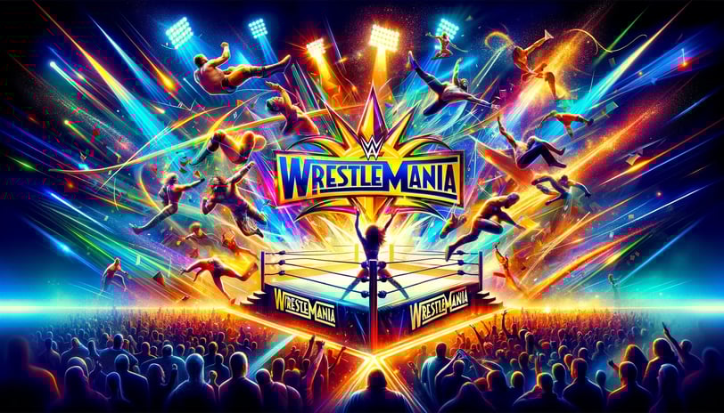 WrestleMania vibrant ring with crowd and spotlights.