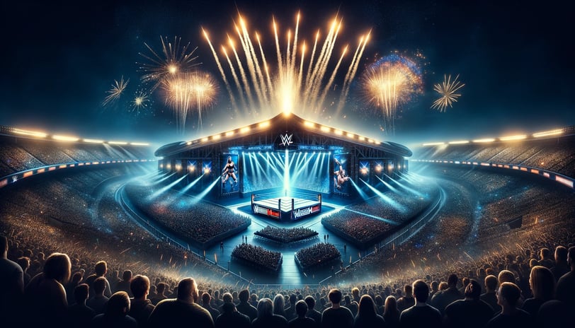 WWE WrestleMania stadium under night sky with fireworks.