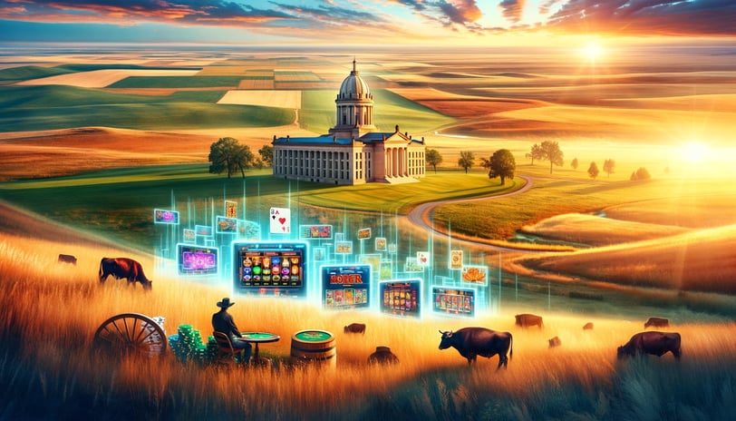 Traditional Oklahoma landscape infused with digital elements of online gambling. 