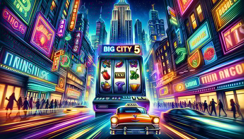 Big City 5's online slot game with neon signs and taxis in a bustling city.