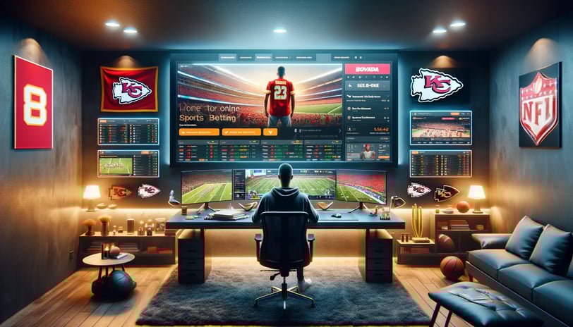 Modern home betting setup with multiple screens and KC Chiefs memorabilia.