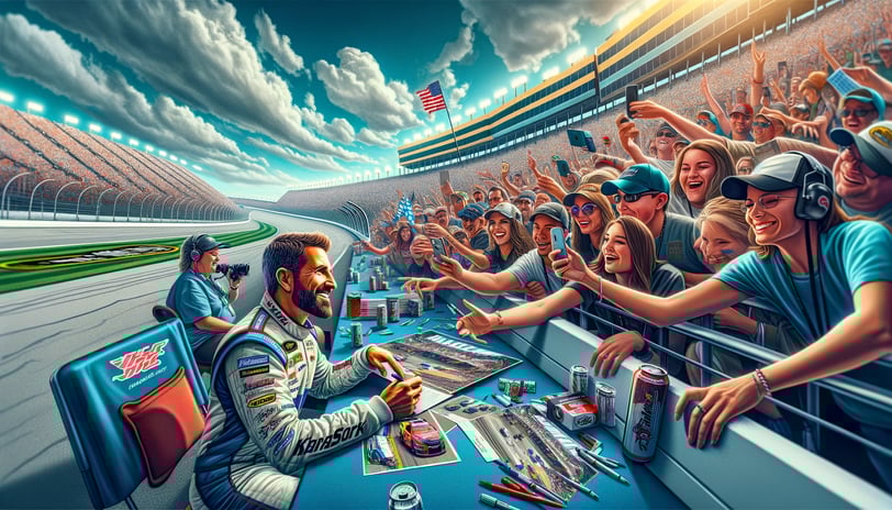 Celebrity engaging with fans at a NASCAR event, signing autographs and taking selfies.
