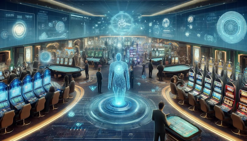 Futuristic casino with AI-powered betting assistants and blockchain technology