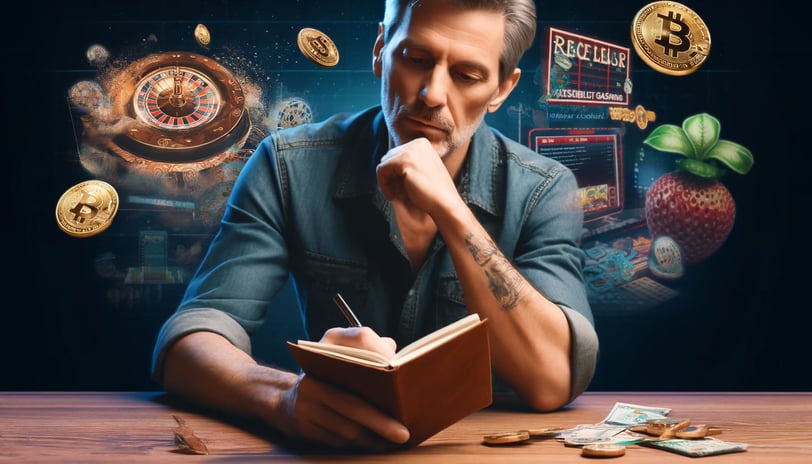 Middle-aged man reflecting on gambling activities with a journal, thoughtful and calm..