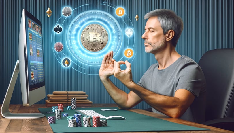 Middle-aged man practicing mindfulness while playing poker online, calm and focused.