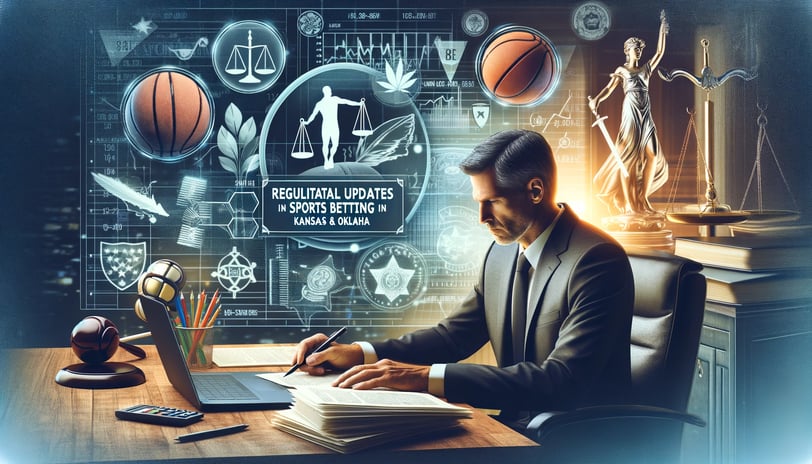 Middle-aged man in a modern office setting studying regulatory updates for sports betting.