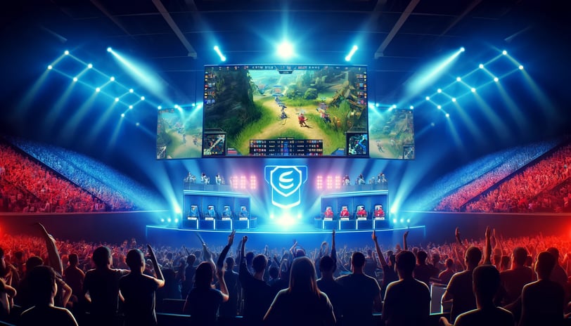 Professional esports tournament with teams competing on stage and an excited audience.