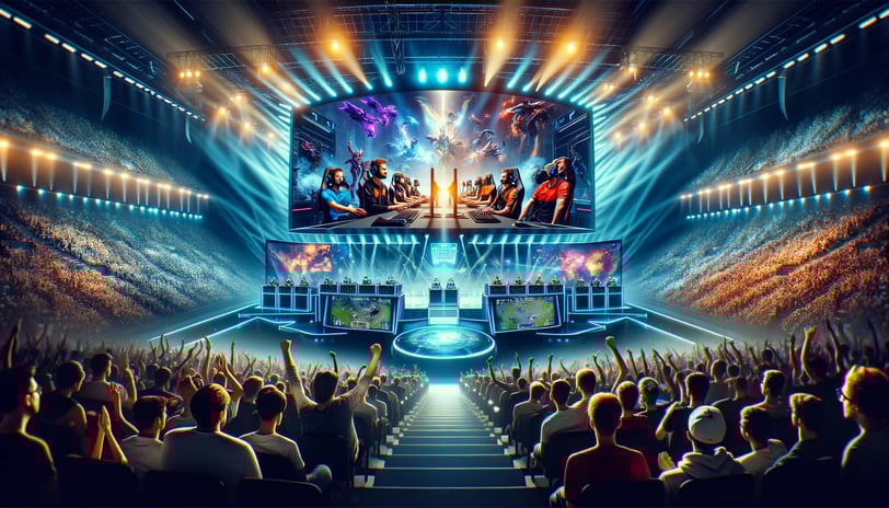 Large esports competition with teams competing on stage in front of a huge, cheering audience.