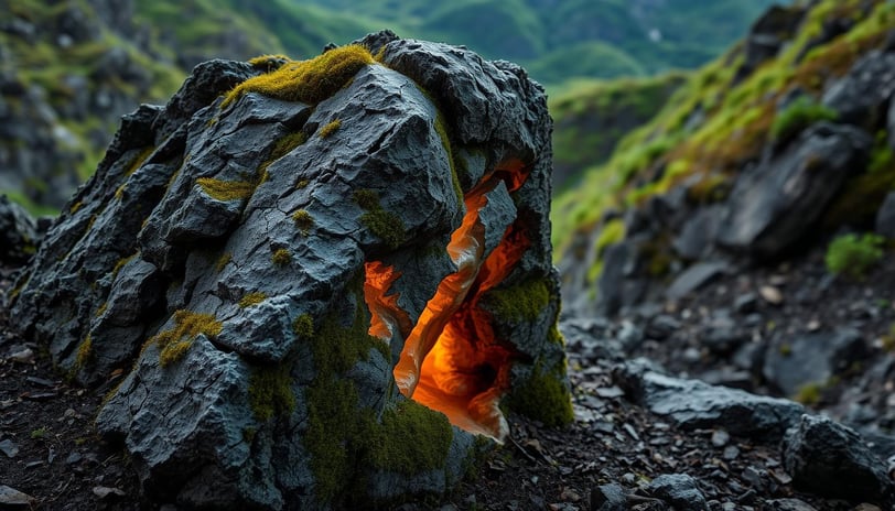a rock formation with a fire in the middle