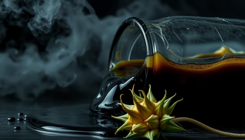 a glass of coffee with a flower on a table