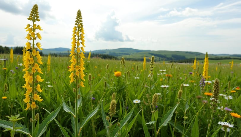 a field with yellow flowers "mullein" and a bench in the foreground