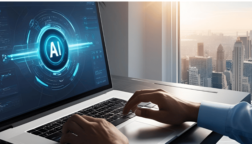 Freelancer using ChatGPT for client outreach with laptop and 2025 overlay for TurboStack AI blog