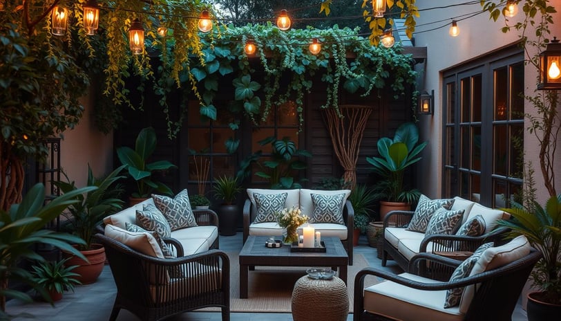 Cozy outdoor patio with wicker furniture and string lights, Regal Touch Home