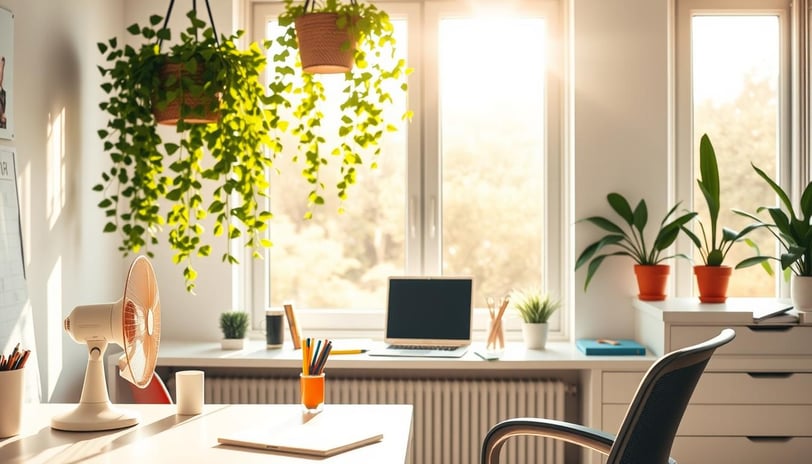 Regal Touch Home summer office with a fan, indoor plants, and sunlight for eco-friendly, energy-efficient cooling.