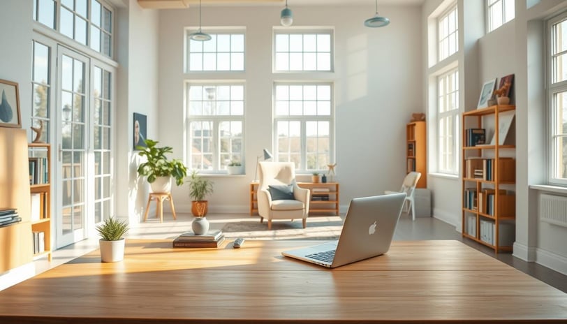 Regal Touch Home minimalist office with natural light, wooden desk, and indoor plants.