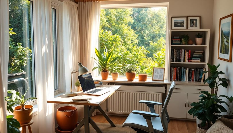 Regal Touch Home summer office with desk near window, sheer curtains, and plants to reduce sunlight and glare