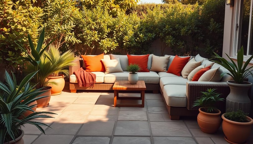 Regal Touch Home cozy plush sectional sofa on a sunny patio