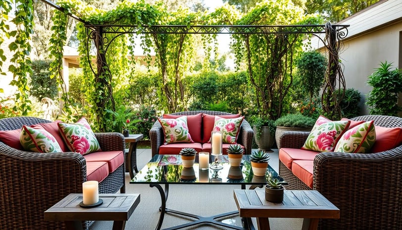 Wicker outdoor furniture with red cushions on a patio, Regal Touch Home