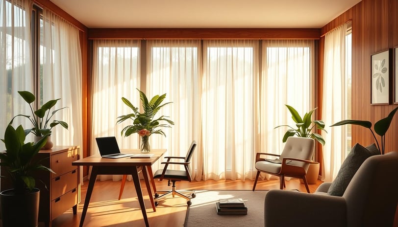 Regal Touch summer home office with natural light, plants, and wood accents for a focused seasonal workspace