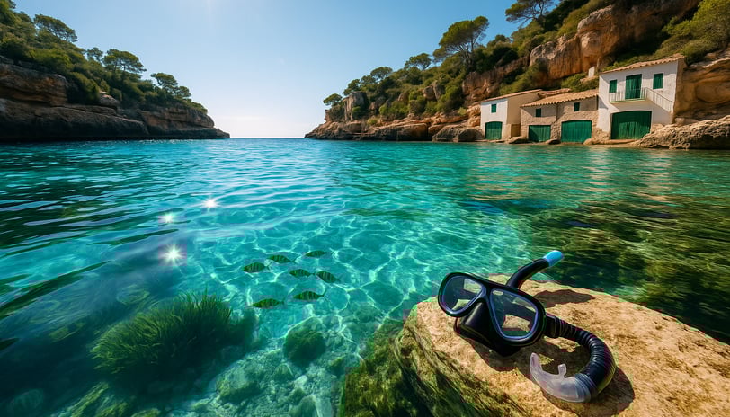 máscara y tubo de snorkel en una roca en Cala s'Almunia, Mallorca