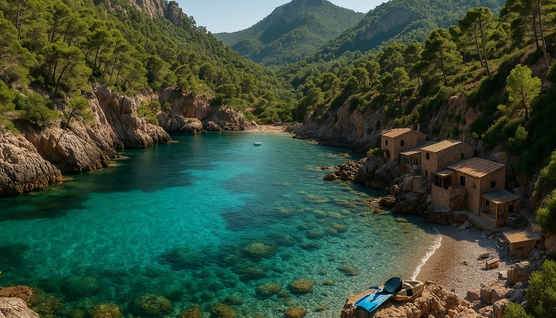 Vista aérea de Cala Deià, Mallorca, mostrando la cala de guijarros, aguas turquesas transparentes