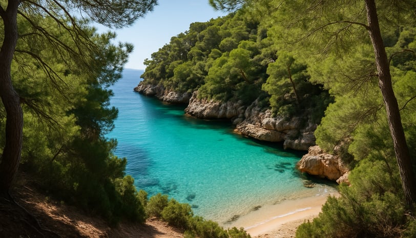 Vista de una cala escondida en Mallorca a través de un marco natural de pinos mediterráneos