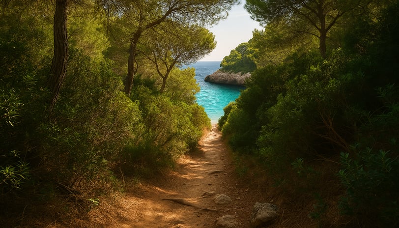 Sendero entre pinos mediterráneos en Mallorca, conduciendo a una cala secreta con agua turquesa visible al final del camino