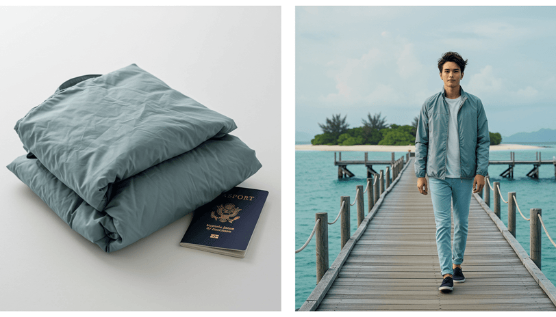 Traveler with adaptable travel gear for tropical destinations like Greece and Mexico
