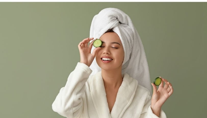 a woman in a robe is holding a cucumber