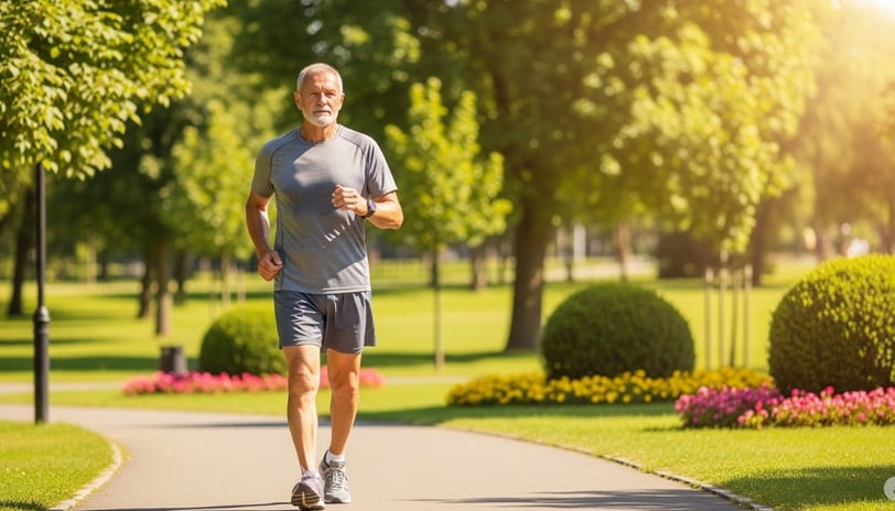  Healthy man in his 60s walks briskly on a sunny park path, representing an active lifestyle.