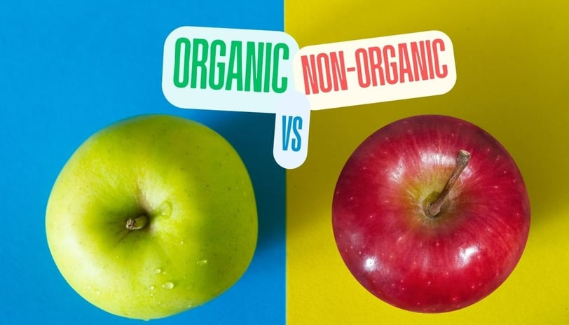 organic apple vs non-organic apple on a blue and yellow background